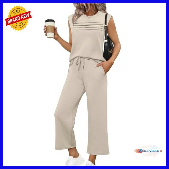 Women's 2-Piece Lounge Set Cap Sleeve Top Wide Leg Pants S-3XL - Picture 2 of 8